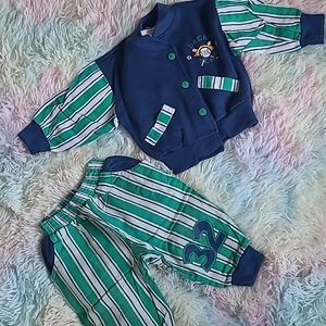 Vintage Green Striped Jacket And Pants Set